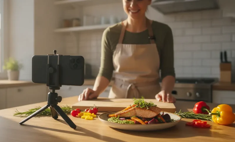 Person in apron preparing salmon dish on wooden counter with smartphone on tripod nearby