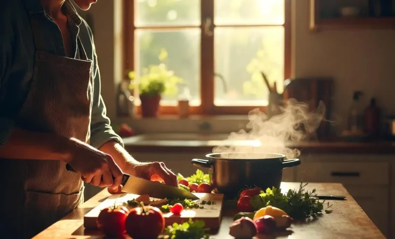 Person chopping vegetables on wooden counter in warm kitchen near steaming pot