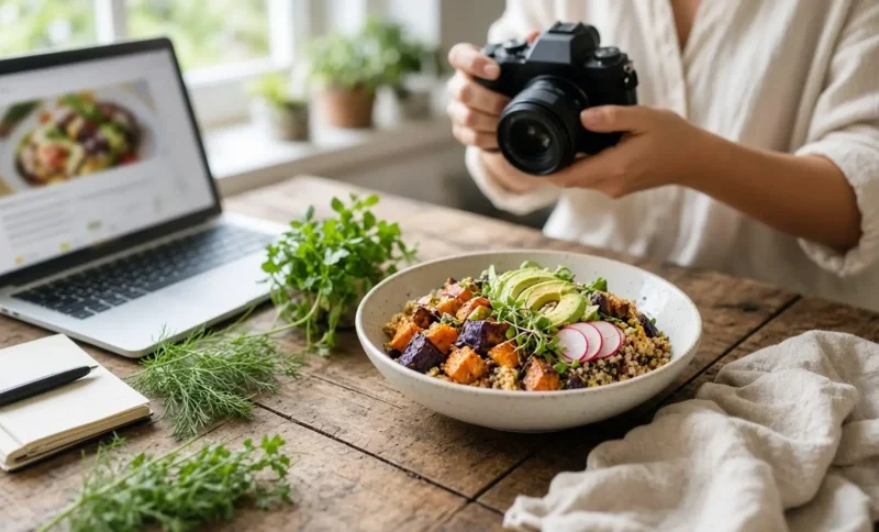 Person photographing quinoa salad with vegetables on rustic wooden table near laptop and herbs