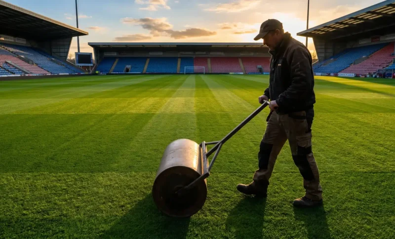 Groundskeeper rolling grass on soccer field at sunset in empty stadium