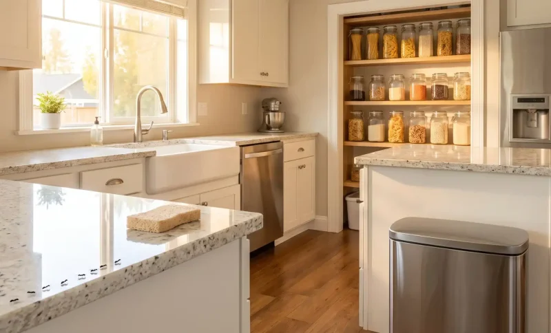 Ants crawling on granite kitchen countertop near sink and pantry shelves with jars