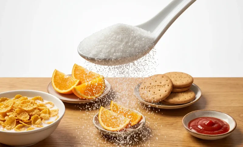 Large spoon sprinkling sugar over cornflakes, orange slices, cookies, and ketchup on wooden table