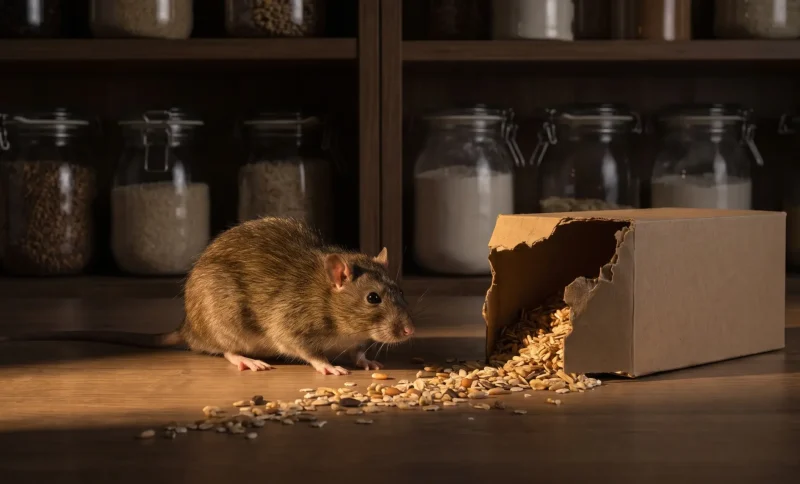 Rat eating spilled grains from torn box in pantry with jars in background