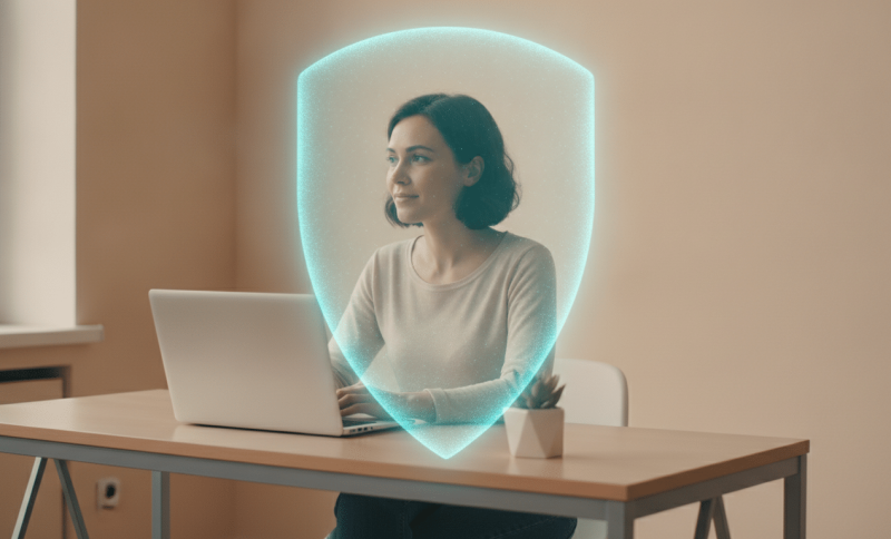 Woman sitting at desk with laptop and glowing digital shield effect in neutral-colored room