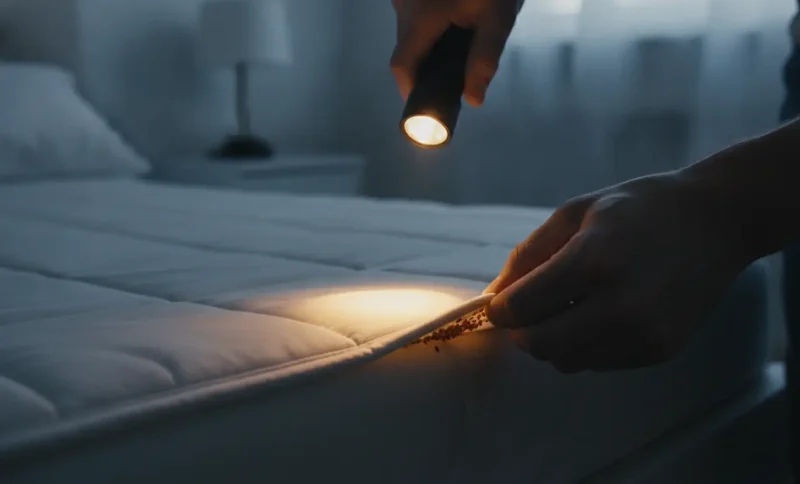 Hands inspecting under mattress with flashlight in darkened bedroom setting