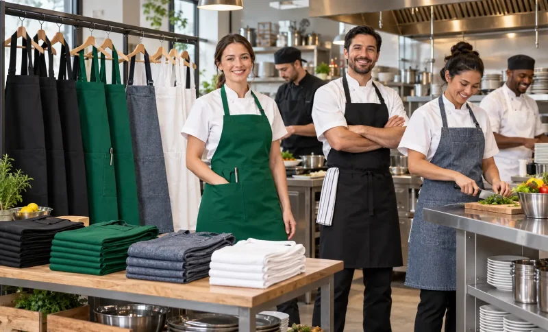 Chefs in diverse aprons working and smiling in a professional kitchen setting