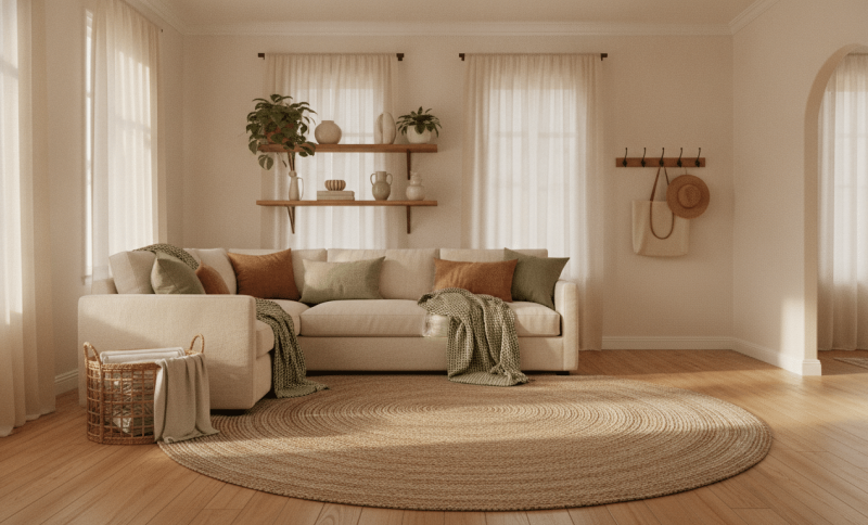 Cozy living room with cream sofa, colorful pillows, and sunlight streaming through sheer curtains