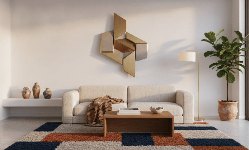 Modern living room with beige sofa, geometric wall art, wooden coffee table, and floor lamp