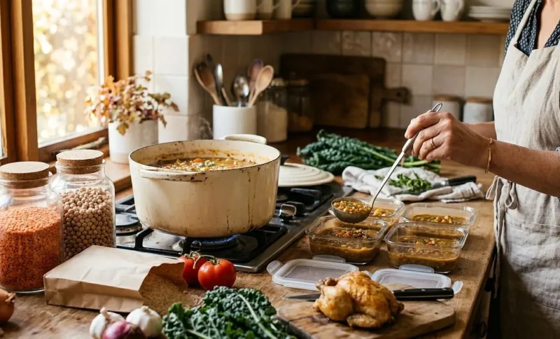 Person ladling soup into containers in rustic kitchen with ingredients and cooked chicken nearby