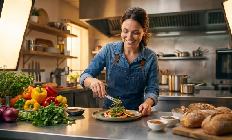 Chef in denim apron preparing a colorful vegetable dish in a professional kitchen setting