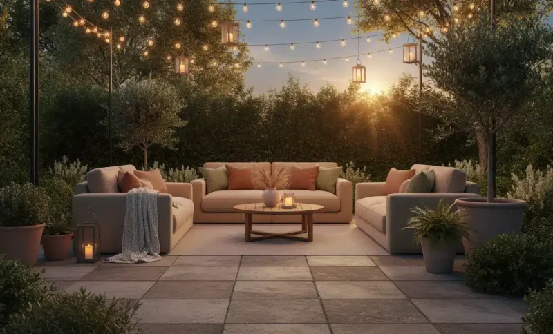 Outdoor seating area with beige sofas and string lights under sunset sky