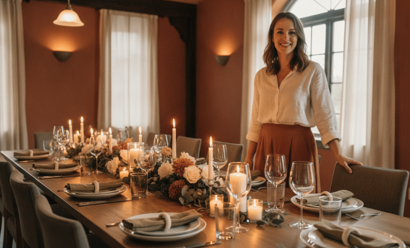 Woman standing by elegantly set dinner table with candles and floral arrangement in warm dining room