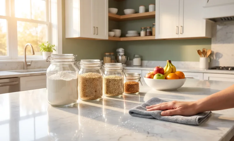 Hand wiping marble kitchen counter with glass jars and fruit bowl in bright morning light