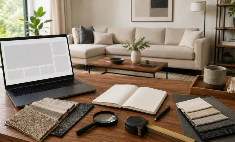 Laptop and open notebook on wooden desk in modern living room with beige sofa and plants