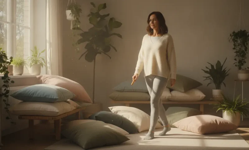 Woman walking barefoot in cozy living room with pillows and plants, warm natural lighting