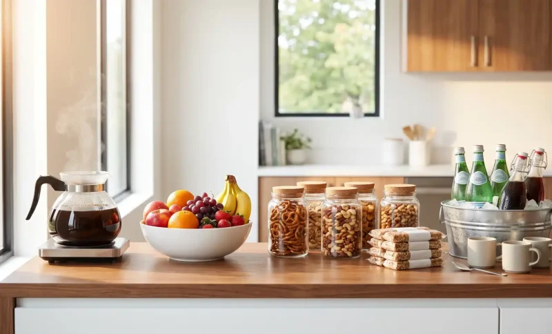 Coffee pot, fruit bowl, jars of snacks, and drinks on wooden kitchen counter in natural light