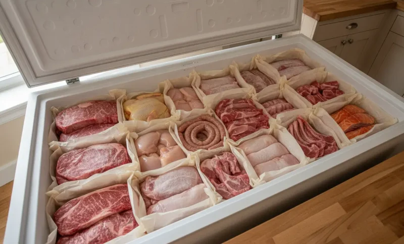 Assorted meats and fish stored neatly in open chest freezer in kitchen setting
