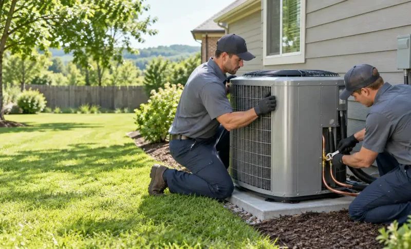 Technicians installing air conditioning unit outside residential home in sunny garden setting