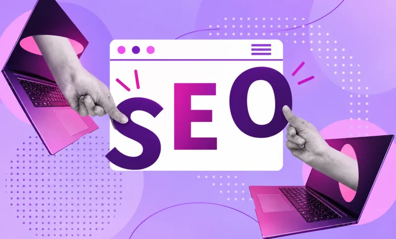 Laptop screens with hands pointing at bold SEO letters on purple background