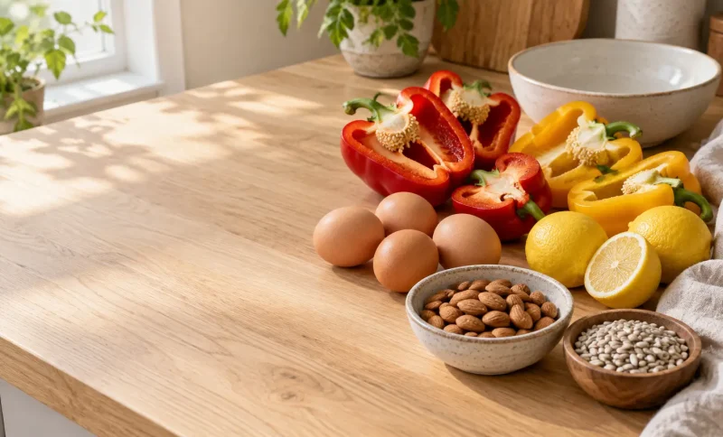 Fresh red and yellow bell peppers, eggs, lemons, and nuts on a sunny wooden kitchen counter