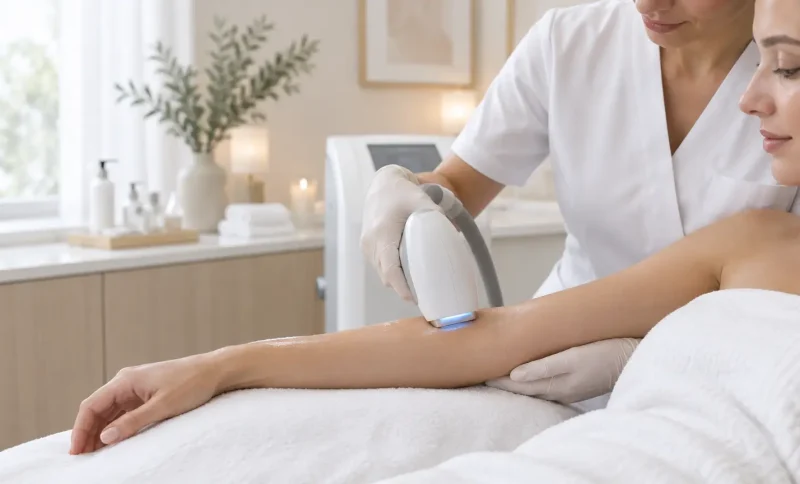 Laser hair removal treatment on woman's arm in a spa setting with soft lighting