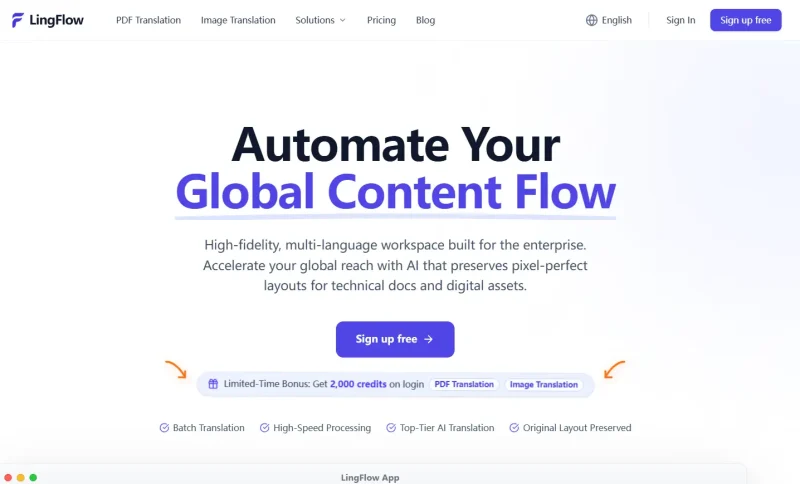 White webpage with text promoting automated global content flow services, blue button for sign-up visible