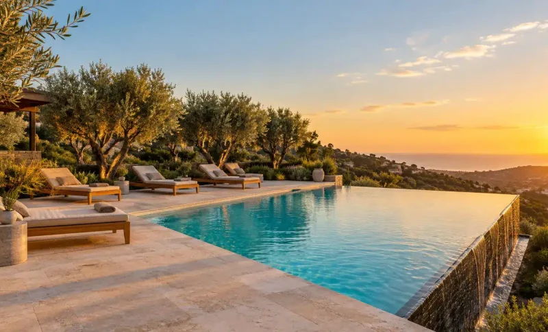Infinity pool with lounge chairs surrounded by olive trees during sunset in outdoor setting
