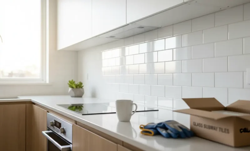 Modern kitchen with subway tile backsplash, induction cooktop, and cardboard box on countertop
