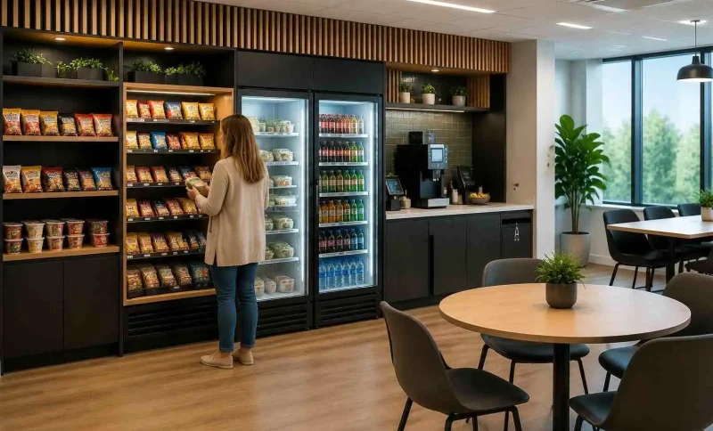 Woman choosing snacks in modern office break room with snack shelves and refrigerators