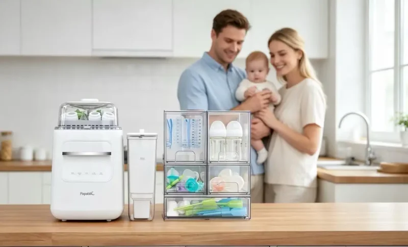 Baby bottle sterilizer and storage containers on wooden kitchen counter with parents and infant in background