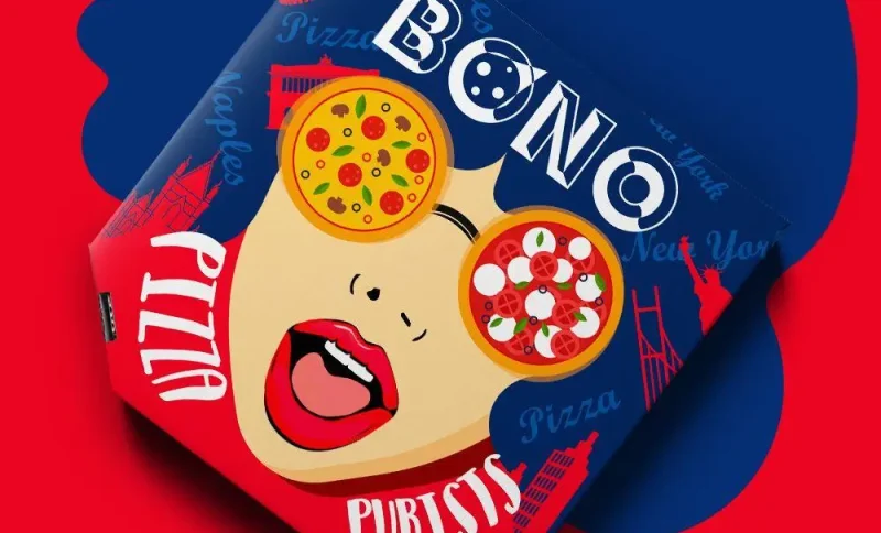 Colorful pizza box with artistic design and bold lettering on bright red background