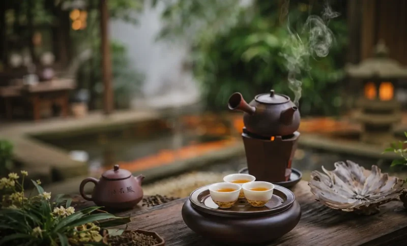 Steaming clay teapot with three tea cups on wooden table in tranquil garden setting