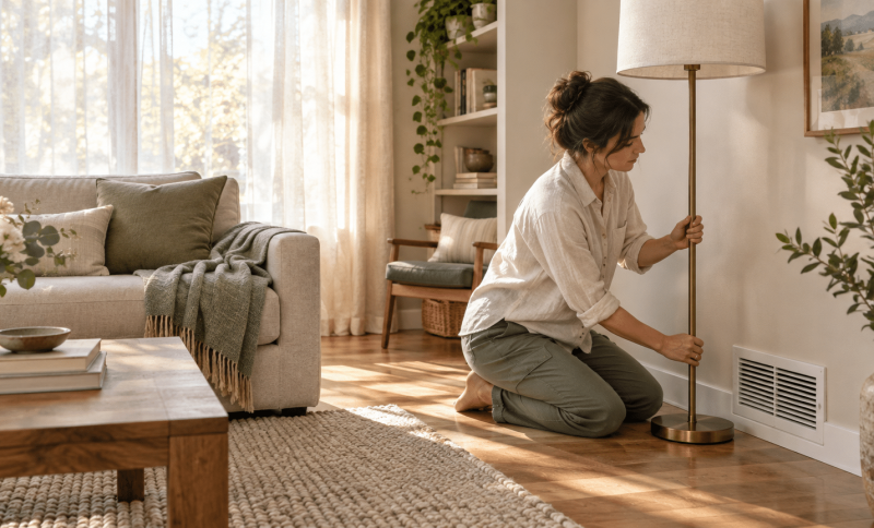 Woman adjusting brass floor lamp in cozy living room with natural light and green accents