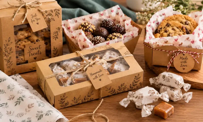 Gift boxes of homemade cookies and candies on a wooden table with decorative packaging
