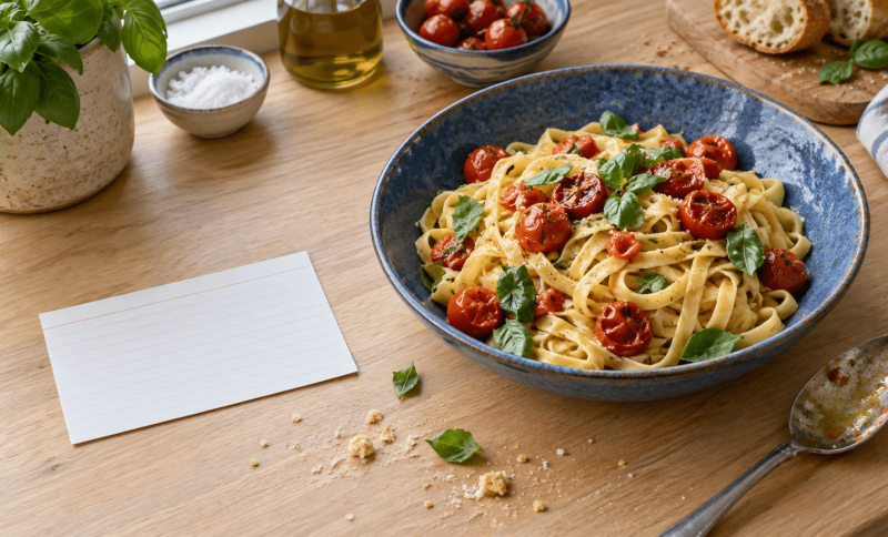 Fresh pasta with roasted tomatoes and basil in blue bowl on wooden table