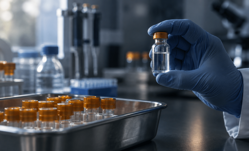 Gloved hand holding glass vial in laboratory setting with trays of sealed vials nearby