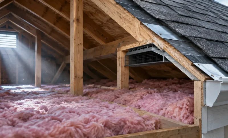 Pink fiberglass insulation covering attic floor with wooden beams and sunlight streaming through vent