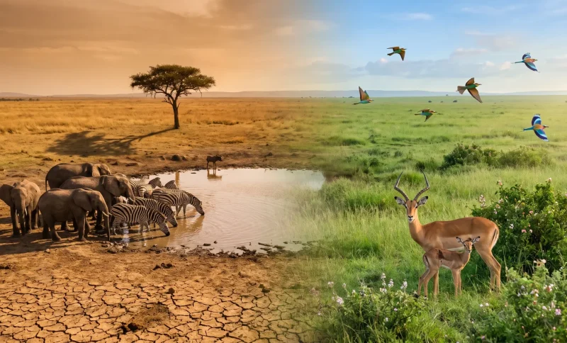 Elephants and zebras drinking at a waterhole, contrasting lush green savanna with birds and antelopes
