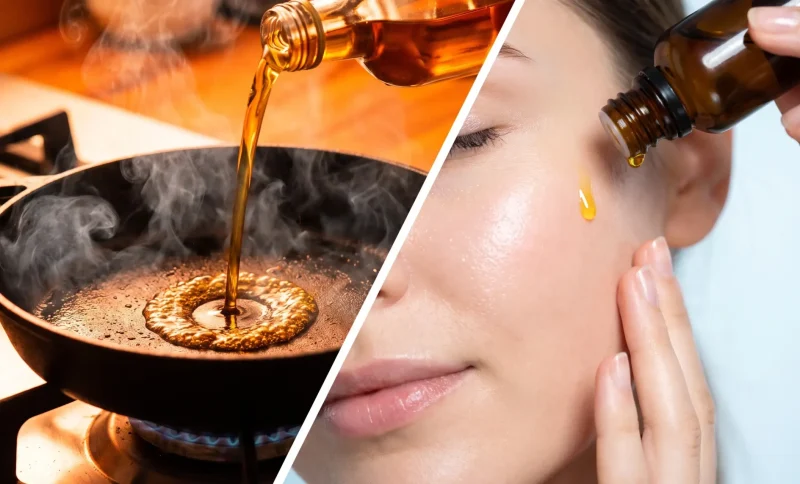 Oil pouring into a hot skillet and onto a woman's face for skincare routine