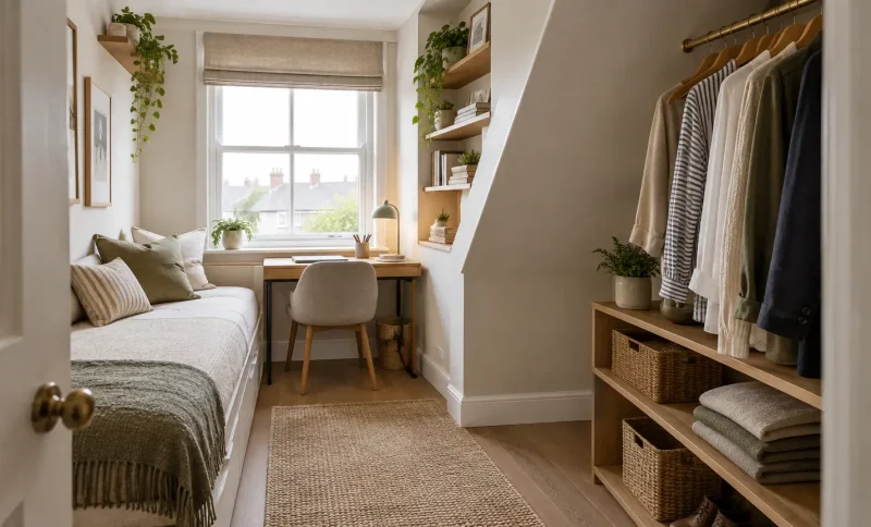 Cozy home office with wooden desk, beige chair, and green plants by a window