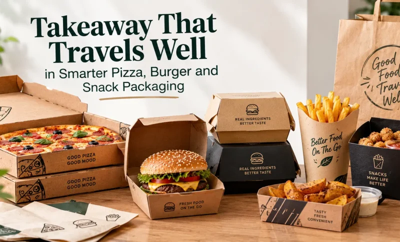 Assorted takeaway food including pizza, burger, fries, and chicken bites in branded packaging on wooden table
