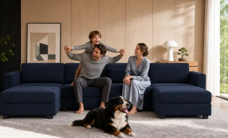 Family playing on navy sectional sofa with dog in modern living room