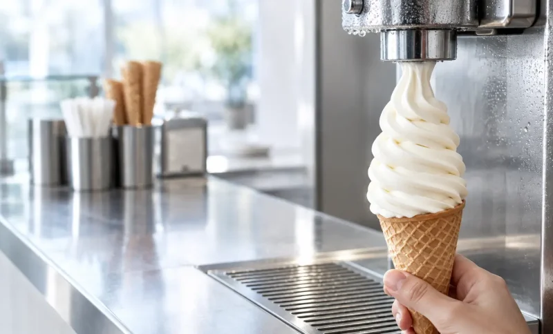 Soft serve ice cream being dispensed into cone in a bright ice cream shop