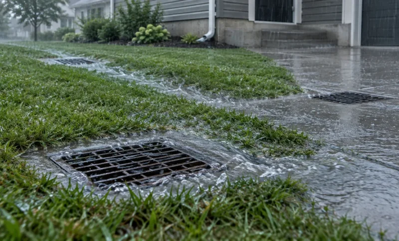 Rainwater flowing into storm drain on suburban street with wet pavement and green grass