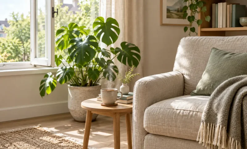 Cozy living room with beige sofa, green cushion, and steaming mug on wooden table near window