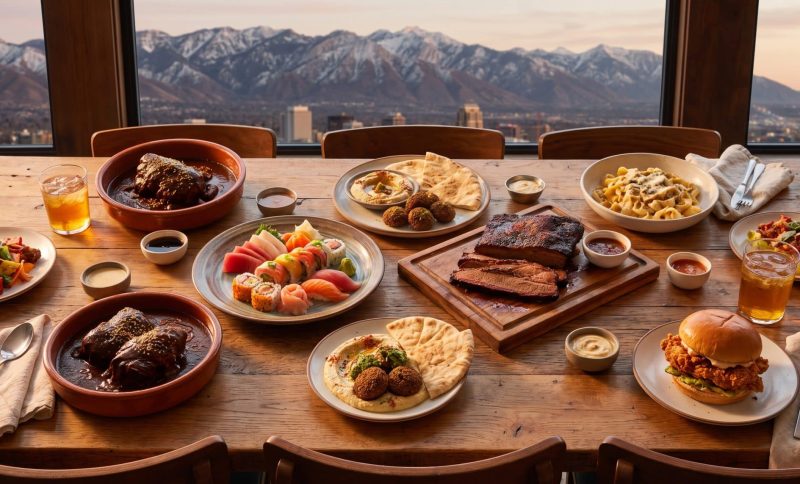 Variety of international foods on wooden table with mountain view in the background