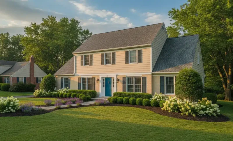 Two-story yellow house with blue door and manicured garden in suburban neighborhood