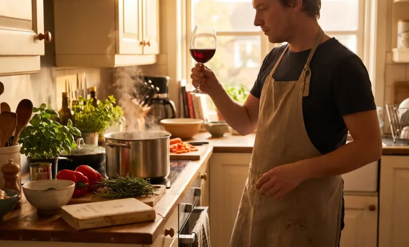 Man in apron examining glass of red wine in cozy kitchen with fresh vegetables and herbs