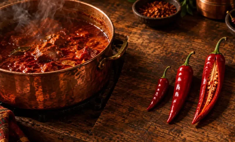 Steaming beef stew in a copper pot with chili peppers on wooden table
