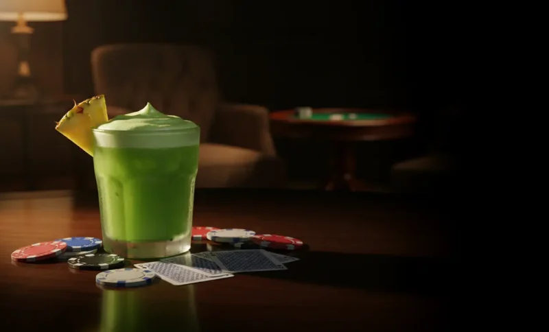 Green cocktail with pineapple slice on wooden table surrounded by poker chips and cards